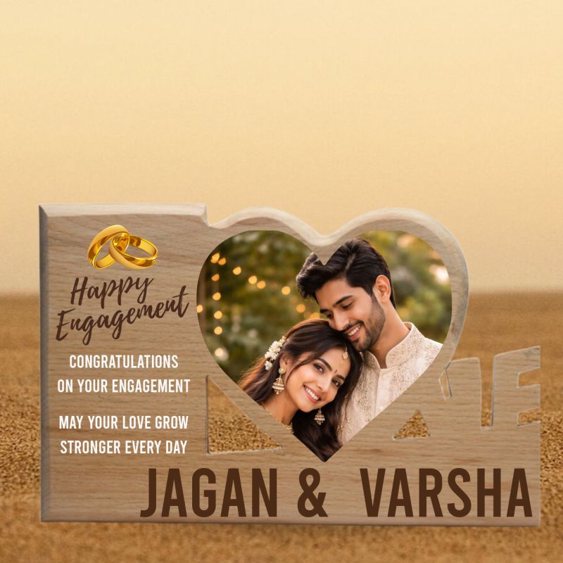 Gift Me Bazar Personalized Happy Engagement Wooden Plaque Customized Couple’s Photo Frame with Names & Heart Cutout  Romantic Engagement Gift for Wife, Husband, or Fiancé